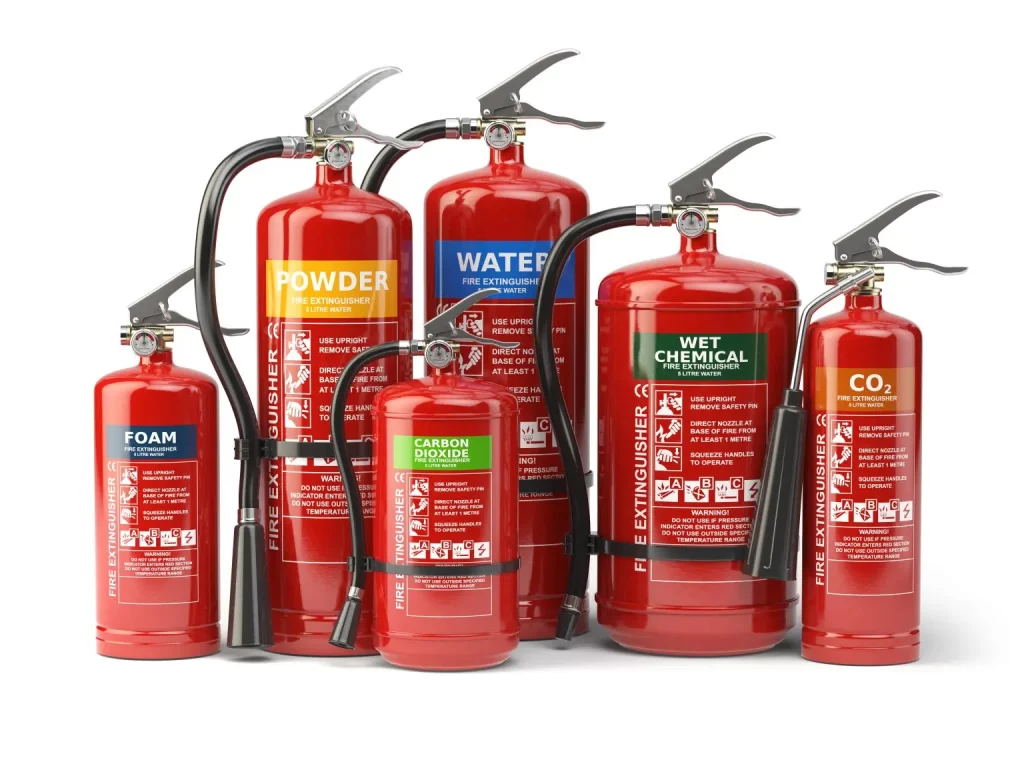 A photo showing the different types of Fire Extinguishers sold. Most of these need an annual Fire Extinguisher Service to remain safe and operational.